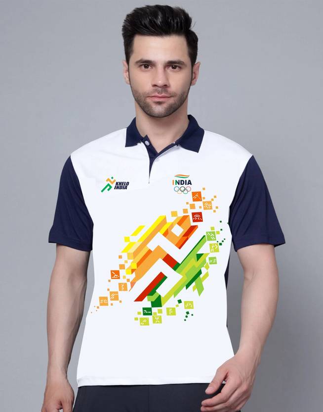 Gymfit Men Printed, Self Design Polo Neck Polyester White, Blue T-Shirt