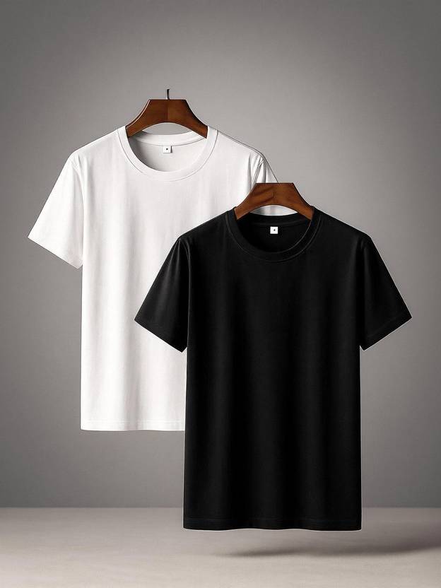 TIGERSNAKE Pack of 2 Men Solid Round Neck Cotton Blend Black, White T-Shirt