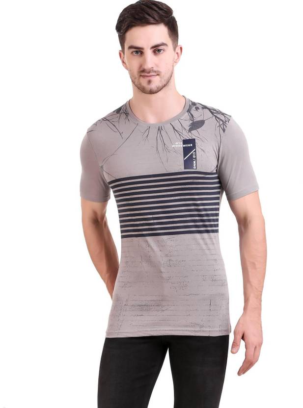 BRAVEZI Men Printed Round Neck Cotton Blend Grey T-Shirt