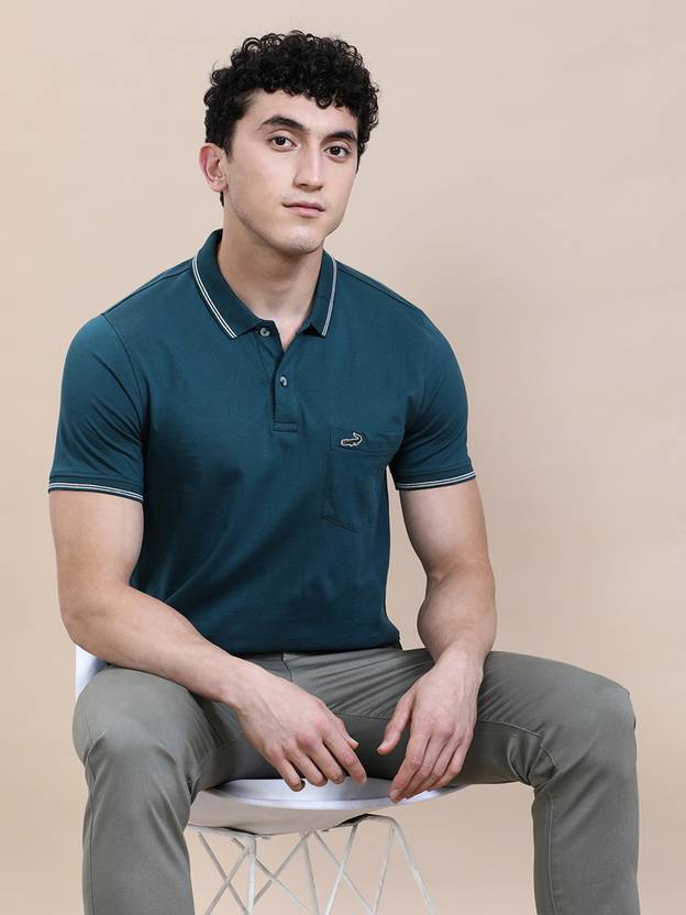 CROCODILE Men Solid Polo Neck Pure Cotton Dark Green T-Shirt