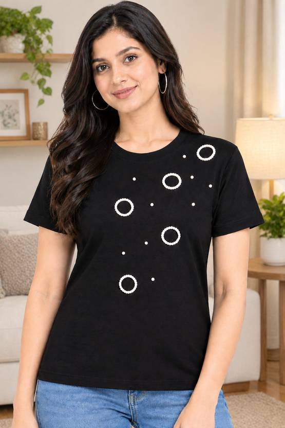 OPENLY Women Embroidered, Graphic Print Round Neck Pure Cotton Black T-Shirt