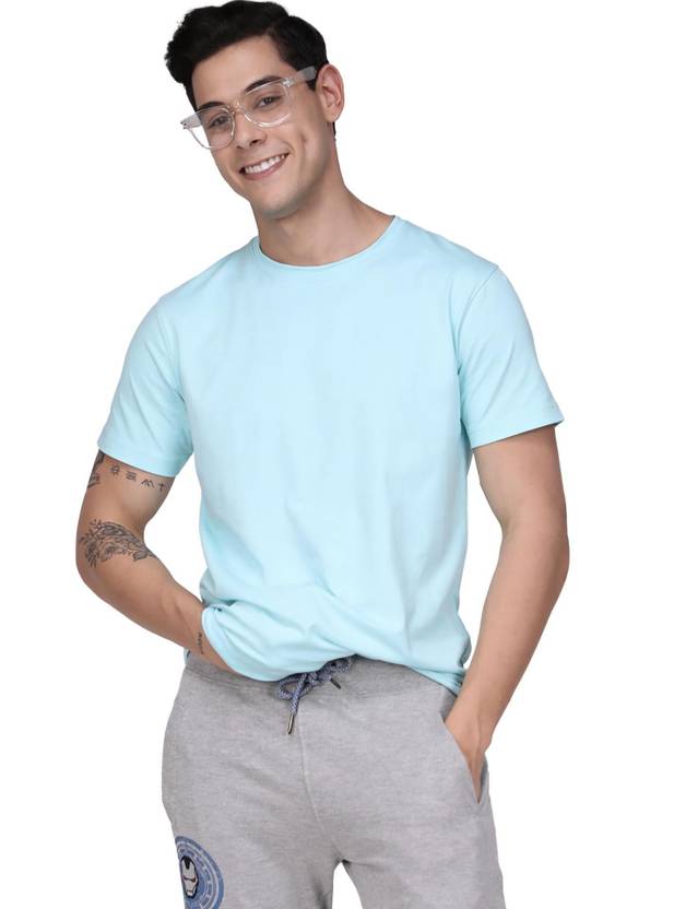 SPORTO Men Solid Round Neck Cotton Blend Blue T-Shirt