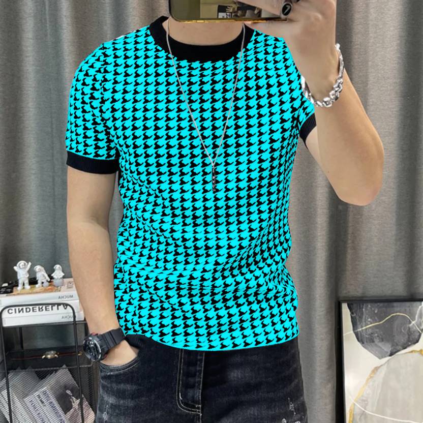 KAJARU Men Printed Round Neck Polyester Black, Blue T-Shirt
