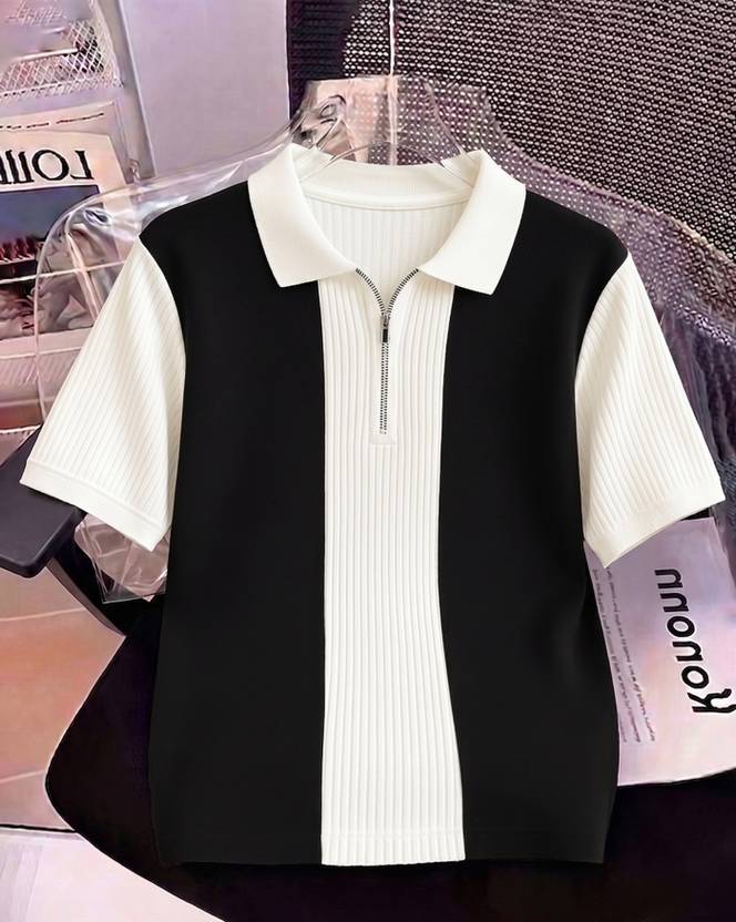 AOOSH Women Colorblock Zip Neck Cotton Blend Black, White T-Shirt