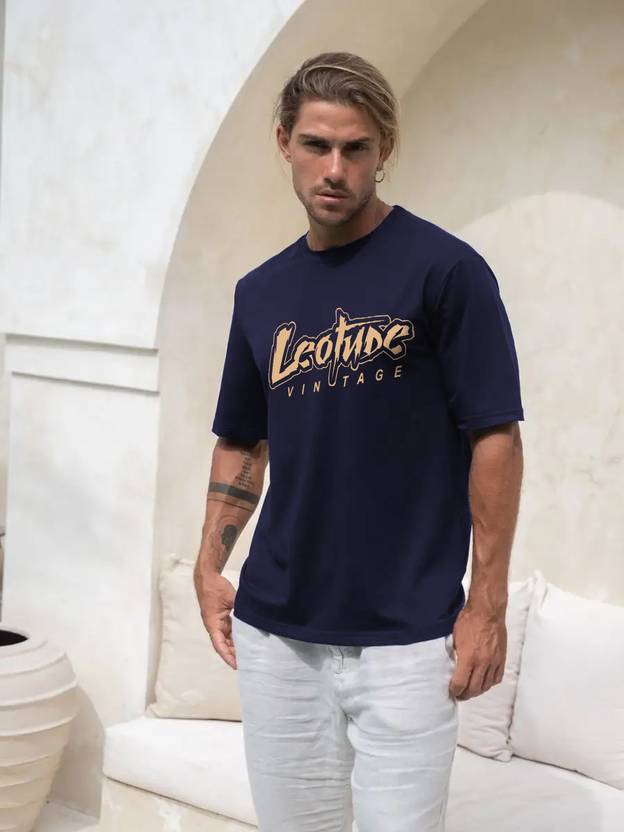 Leotude Printed Men Round Neck Navy Blue T-Shirt