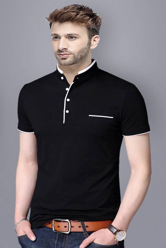 Reya Men Solid Mandarin Collar Cotton Blend Black T-Shirt
