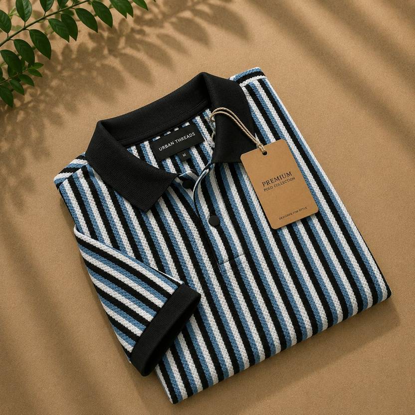 FASHLOOK Men Striped Polo Neck Cotton Blend Multicolor T-Shirt