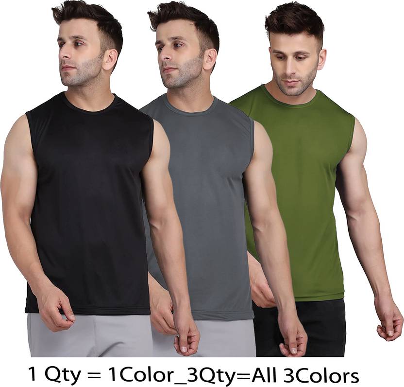UDI n ADI Solid Men Round Neck Black, Grey, Dark Green T-Shirt