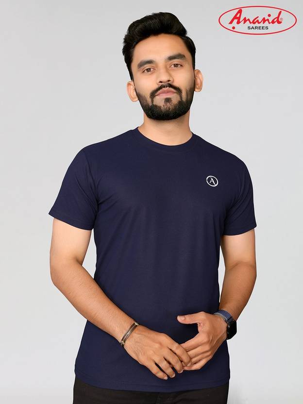 ANAND Solid Men Round Neck Dark Blue T-Shirt