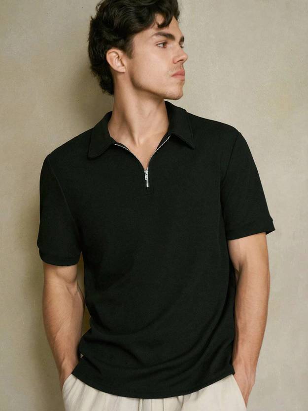 Adokedo Men Self Design Polo Neck Polyester Black T-Shirt
