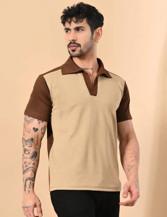 CLAfoutis Men Self Design Polo Neck Elastane Beige, Brown T-Shirt