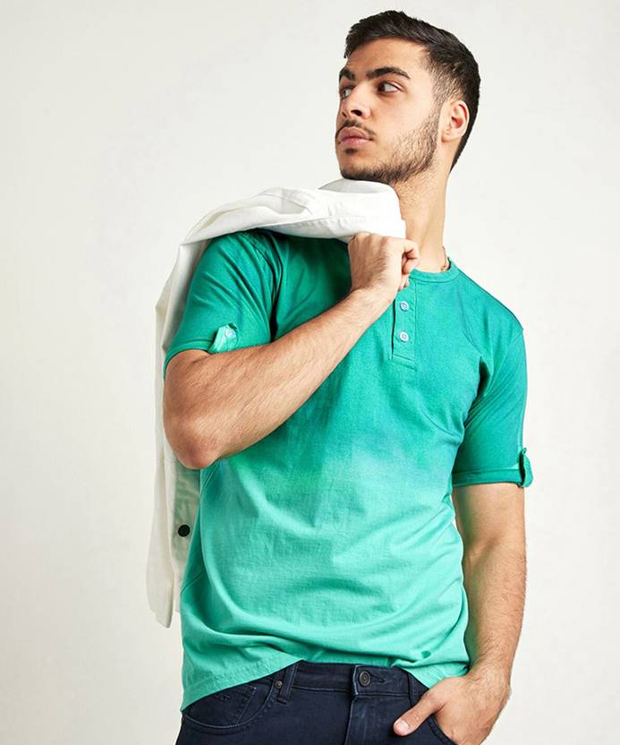 CAHOOT Men Colorblock Henley Neck Pure Cotton Green T-Shirt