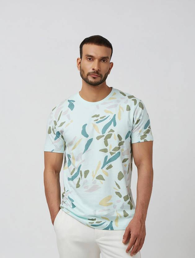MUFTI Men Printed Crew Neck Pure Cotton Light Blue T-Shirt