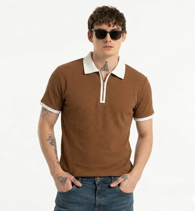 Bairagi Men Self Design Polo Neck Cotton Blend Brown, White T-Shirt