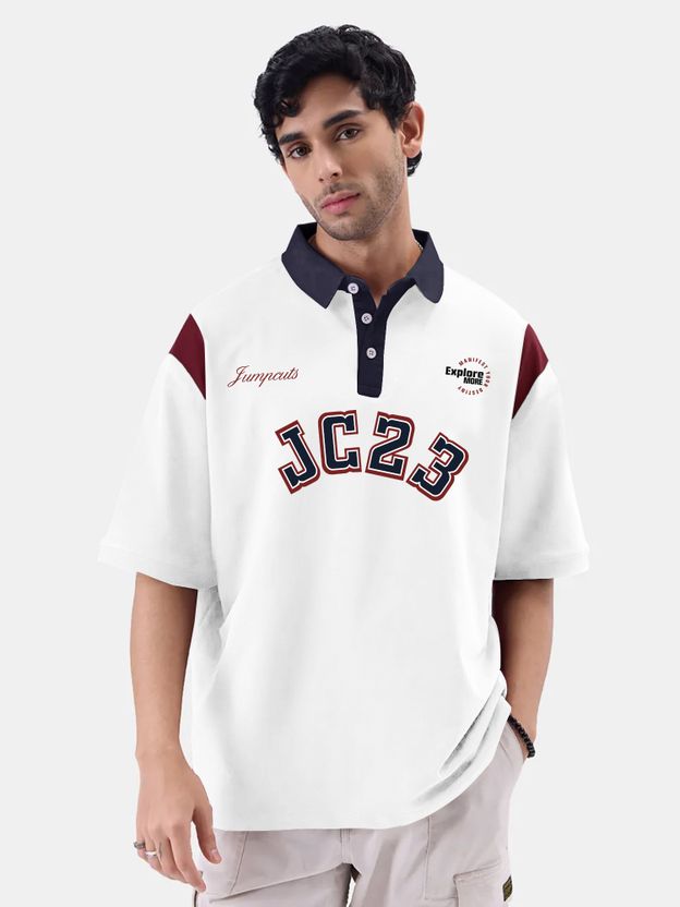 Jump Cuts Men Printed Polo Neck Cotton Blend White T-Shirt - Image 2
