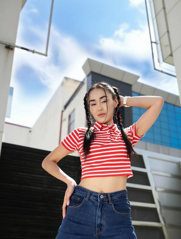 STREET9 Women Striped Polo Neck Cotton Blend Red, White T-Shirt