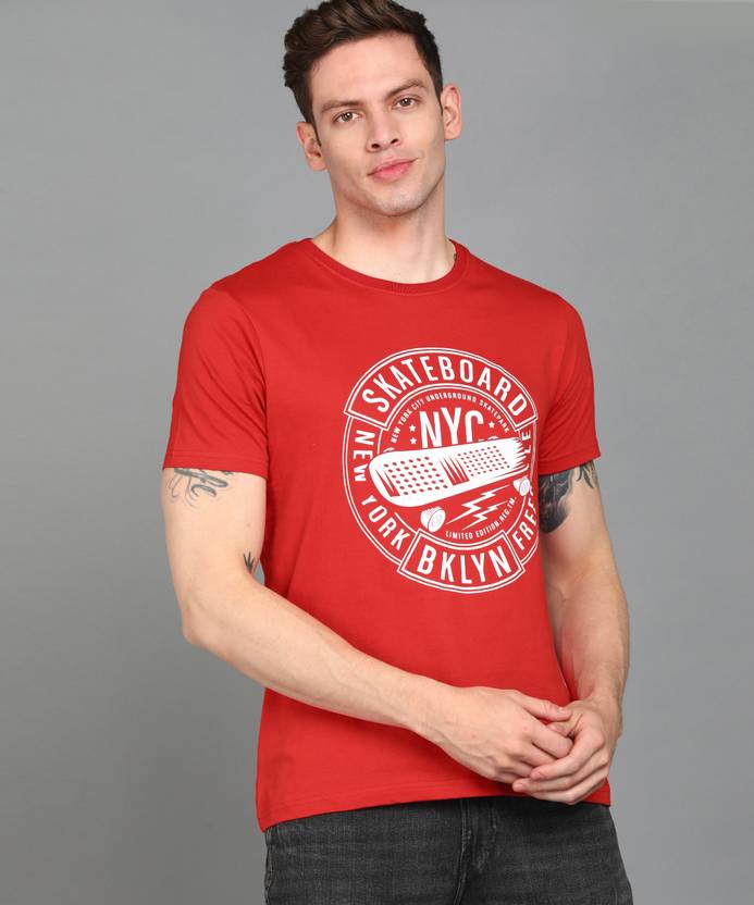 Urbano Fashion Men Printed Round Neck Pure Cotton Red T-Shirt
