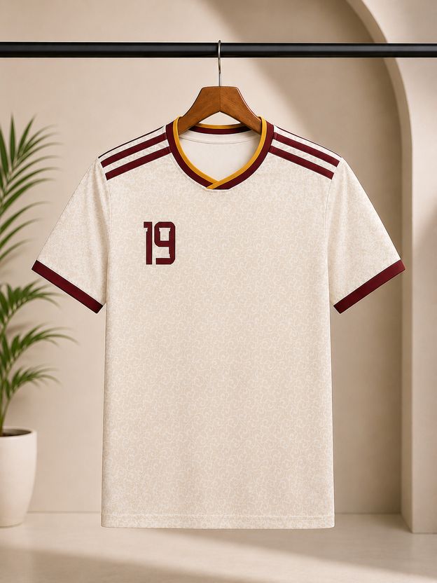 fabzy Men Beige Maroon Striped V Neck Polyester T-Shirt - Image 1