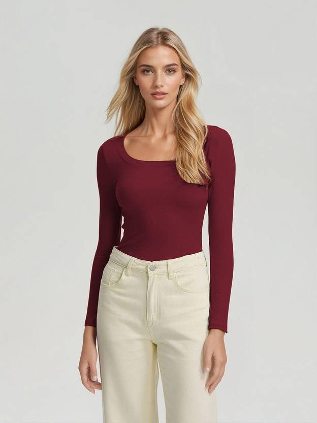 KOTTY Women Self Design Round Neck Viscose Rayon Maroon T-Shirt