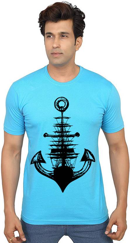 Aseria Men Printed Round Neck Pure Cotton Blue T-Shirt