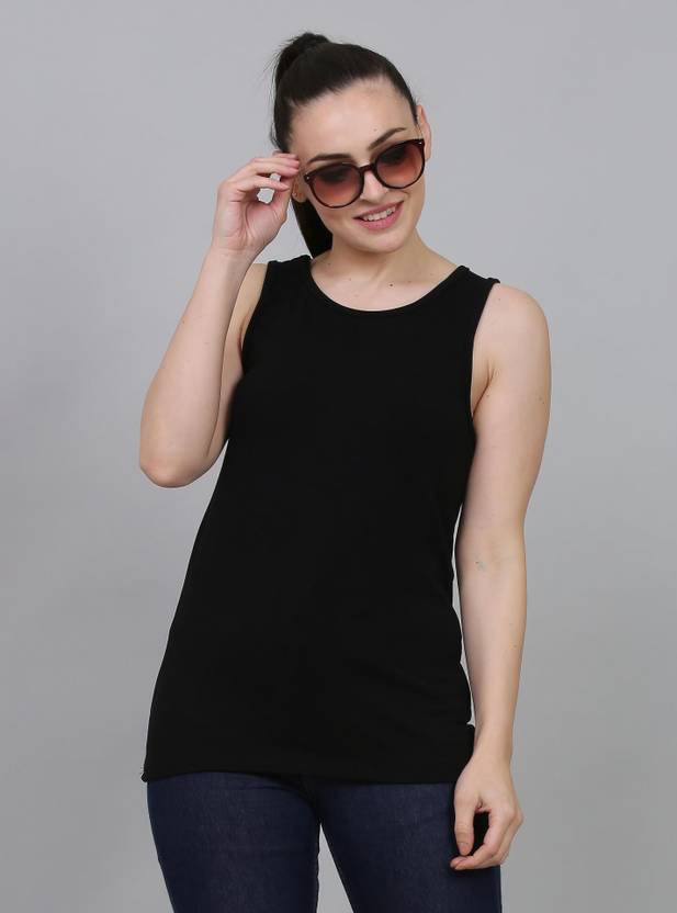 Ddaspration Women Solid Round Neck Cotton Blend Black T-Shirt