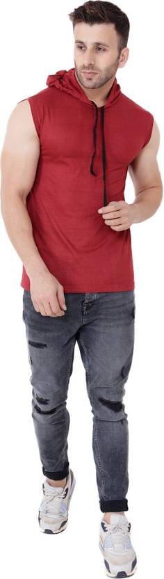 Blisstone Men Solid Hooded Neck Cotton Blend Maroon T-Shirt