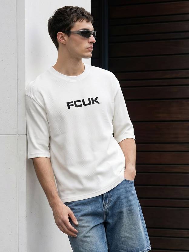 FCUK Men Printed Round Neck Pure Cotton White T-Shirt