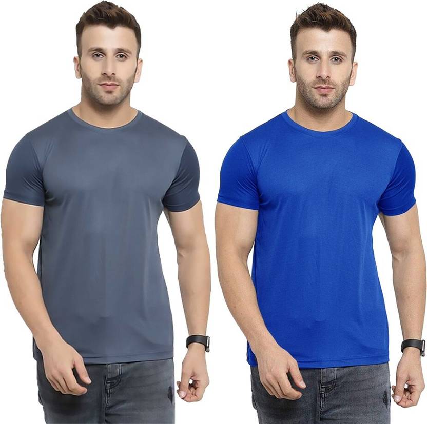 TQH Pack of 2 TQH Men Polyester Half Sleeve Round Neck Grey, Royal Blue T-shirts (pack of 2) Men Solid Round Neck Polyester Blue, Grey T-Shirt