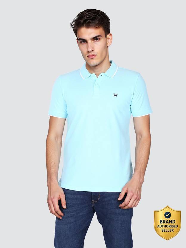 Wrangler Men Solid Polo Neck Pure Cotton Blue T-Shirt