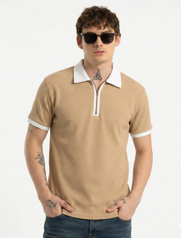 Bairagi Men Self Design Polo Neck Cotton Blend Beige, White T-Shirt