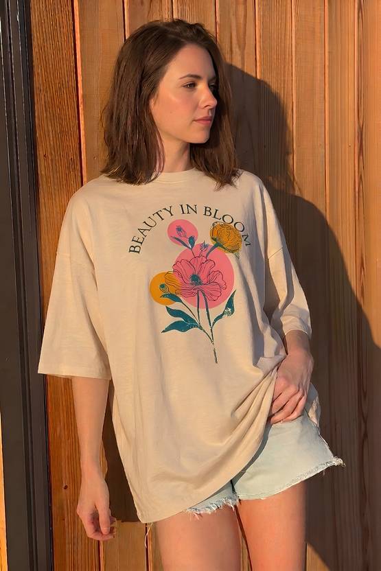 Smartees Women Printed Round Neck Pure Cotton Beige T-Shirt
