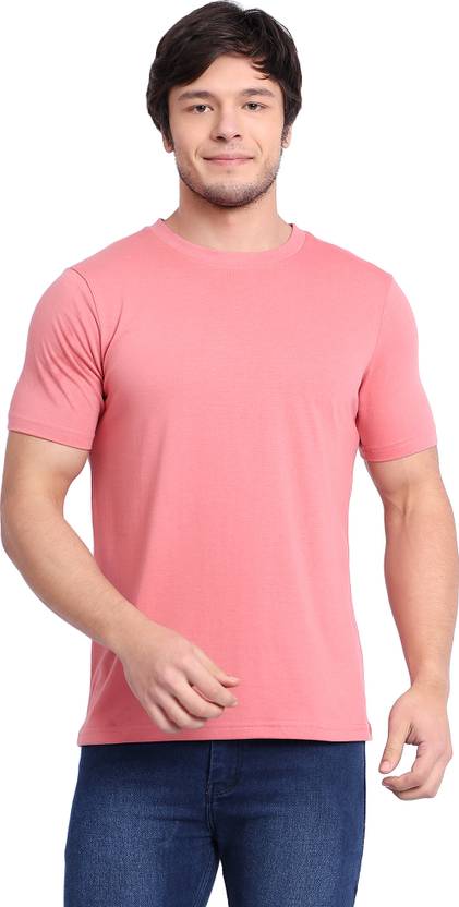 BETROST Men Solid Round Neck Pure Cotton Pink T-Shirt