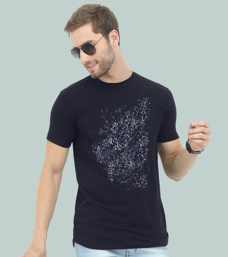 Reya Men Printed Round Neck Pure Cotton Blue T-Shirt