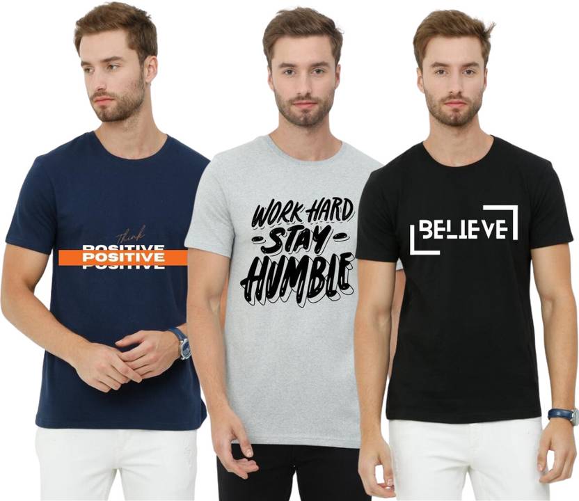 ECOLINE Clothing Pack of 3 Men Printed Round Neck Cotton Blend Multicolor T-Shirt