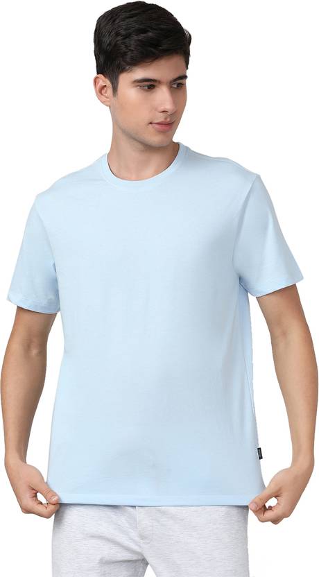 FCUK Men Solid Crew Neck Cotton Blend Blue T-Shirt