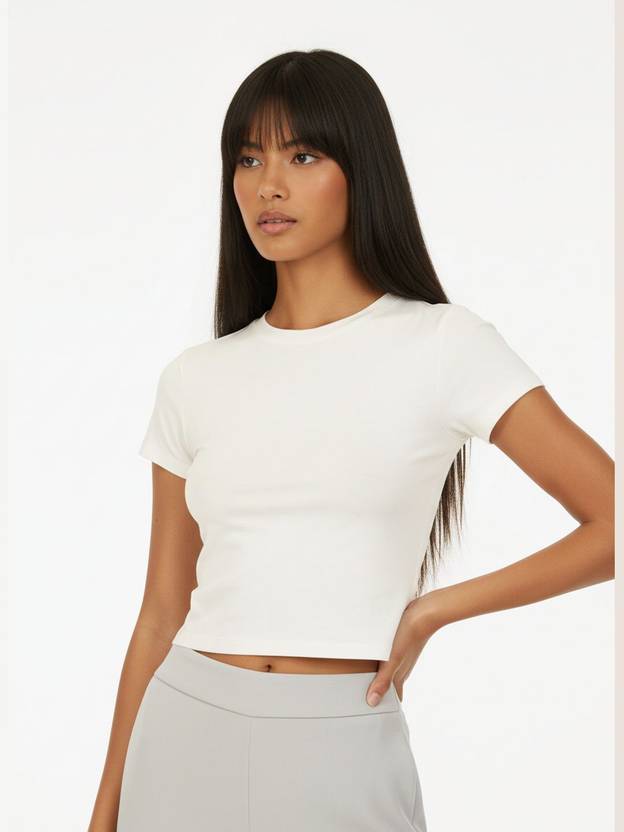 Glitchez Solid Women Round Neck White T-Shirt