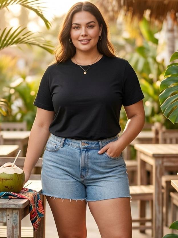 RIGO Women Solid Round Neck Pure Cotton Black T-Shirt