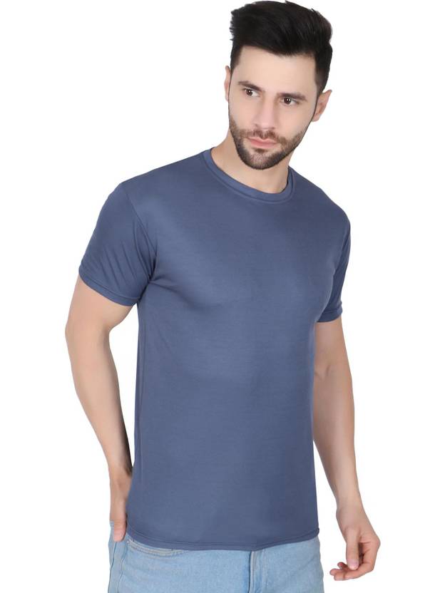 Newsingh Men Solid Round Neck Polyester Blue T-Shirt