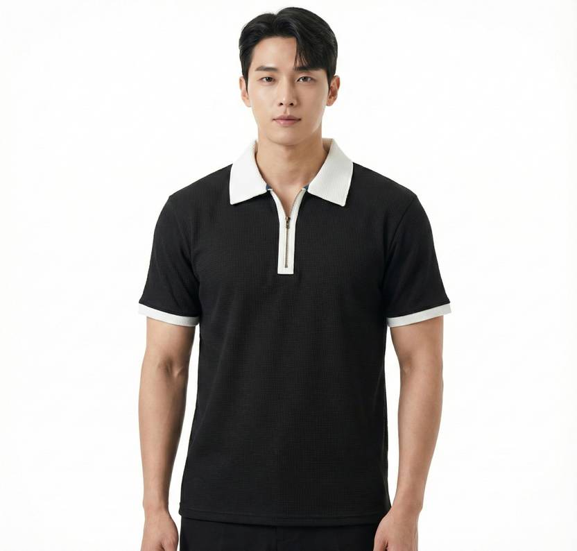 Bairagi Men Self Design Polo Neck Cotton Blend Black, White T-Shirt