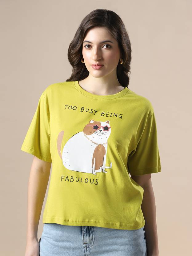 Globus Women Printed Round Neck Pure Cotton Green T-Shirt