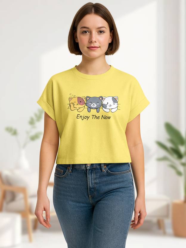 Hellcat Women Graphic Print Round Neck Cotton Blend Yellow T-Shirt