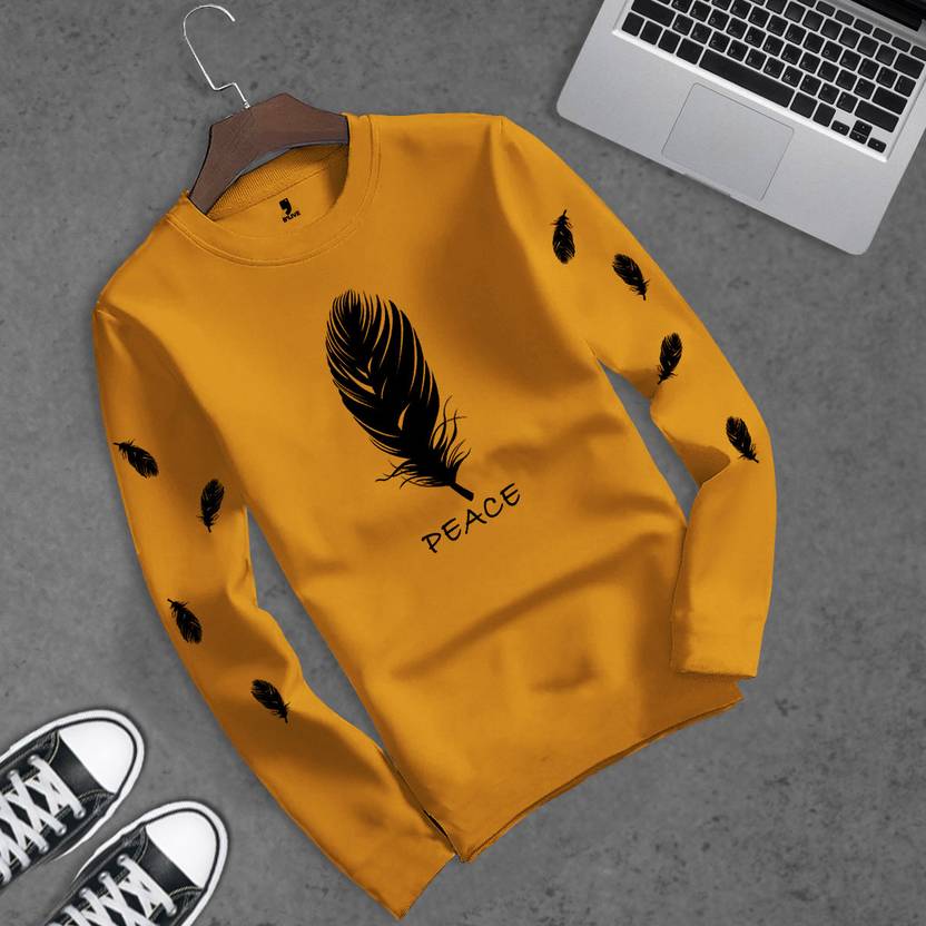 [Sizes M, L, XL, XXL] BLIVE Men Printed Round Neck Cotton Blend Yellow T-Shirt