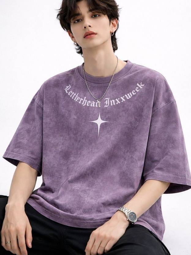 Suo Men Washed/Ombre Round Neck Polyester Purple T-Shirt