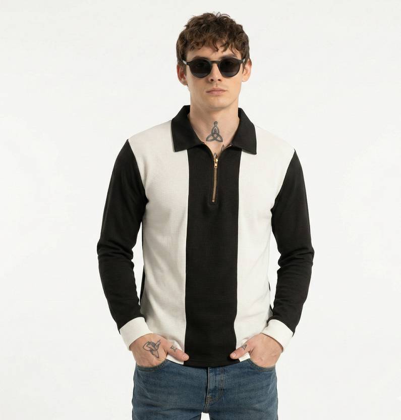 Bairagi Men Colorblock Polo Neck Cotton Blend Black, White T-Shirt