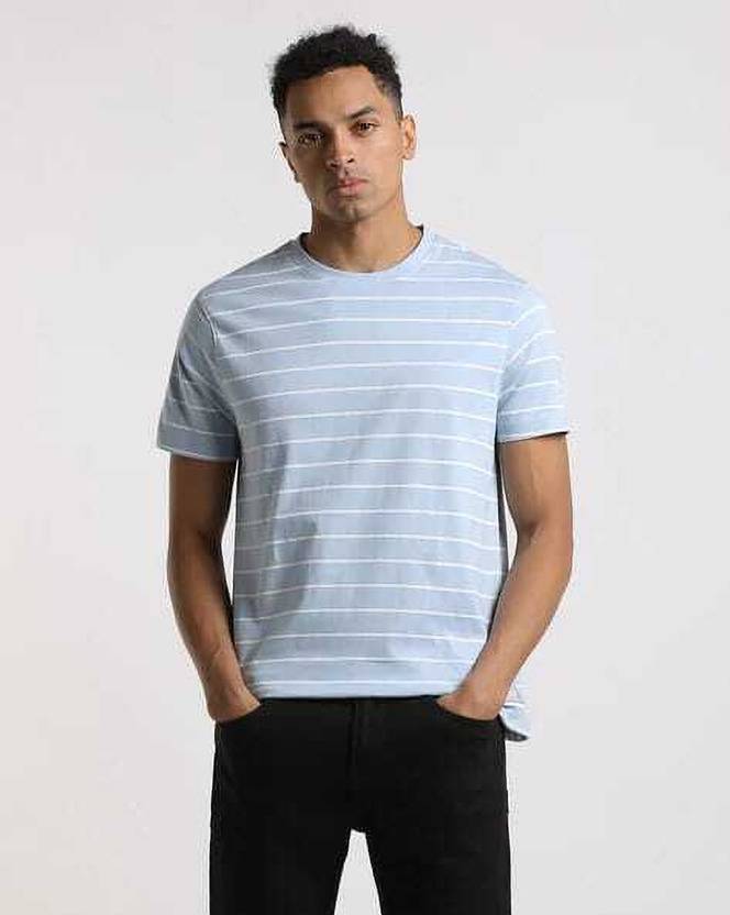 ARAAVI Striped Men Round Neck Blue T-Shirt