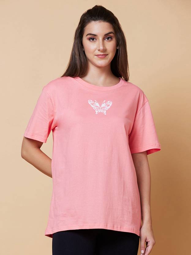 Globus Women Printed, Typography Round Neck Pure Cotton Pink T-Shirt