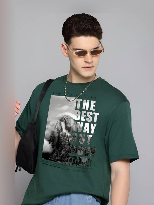 R.Code by The Roadster Life Co. Men Graphic Print Round Neck Cotton Blend Green T-Shirt