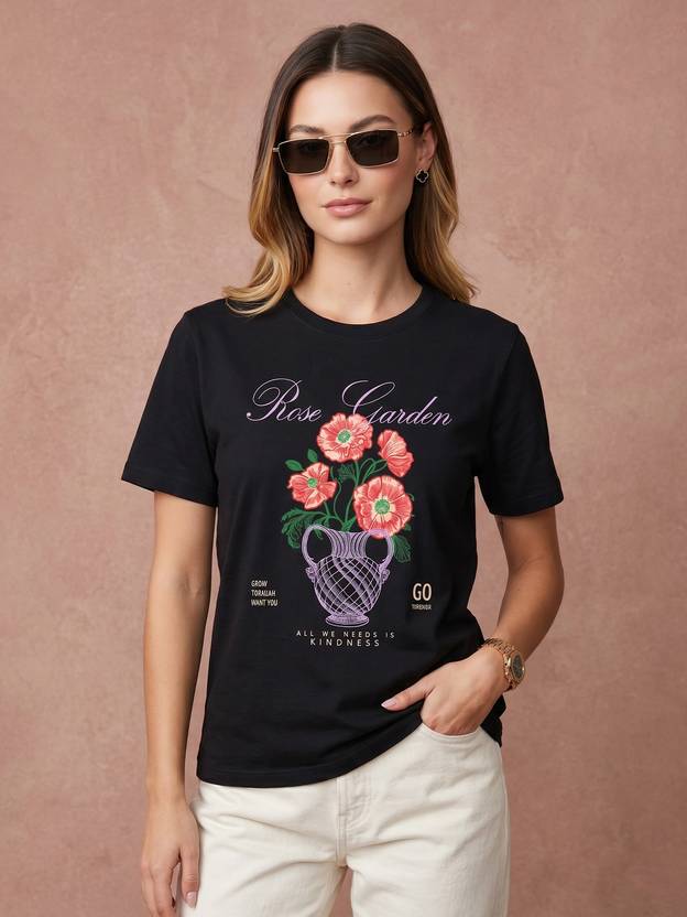 JUNEBERRY Women Printed Round Neck Pure Cotton Black T-Shirt