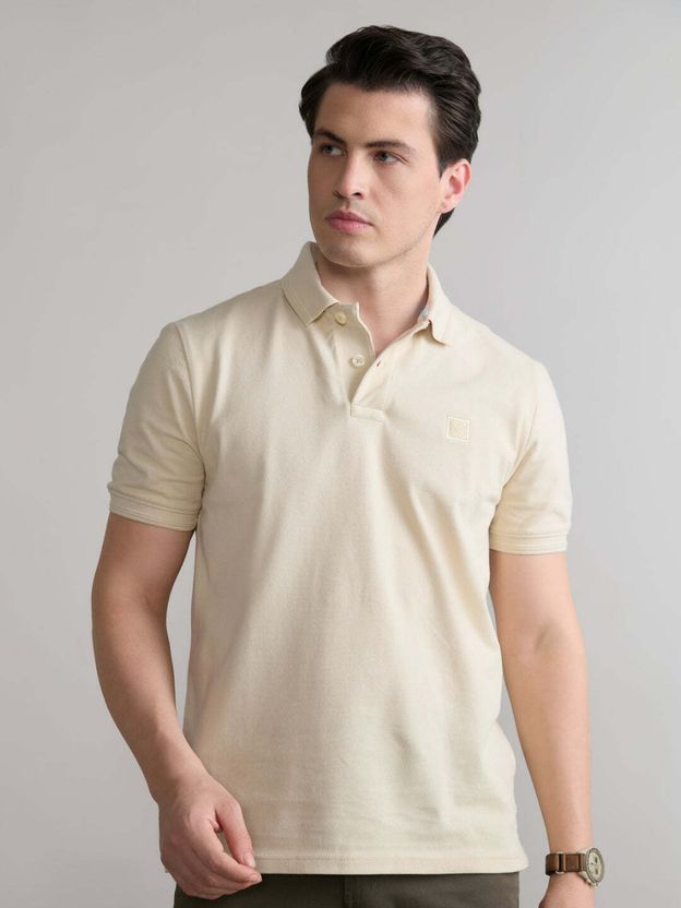 Blue Buddha Men Beige Cotton Polo T-Shirt - Image 1