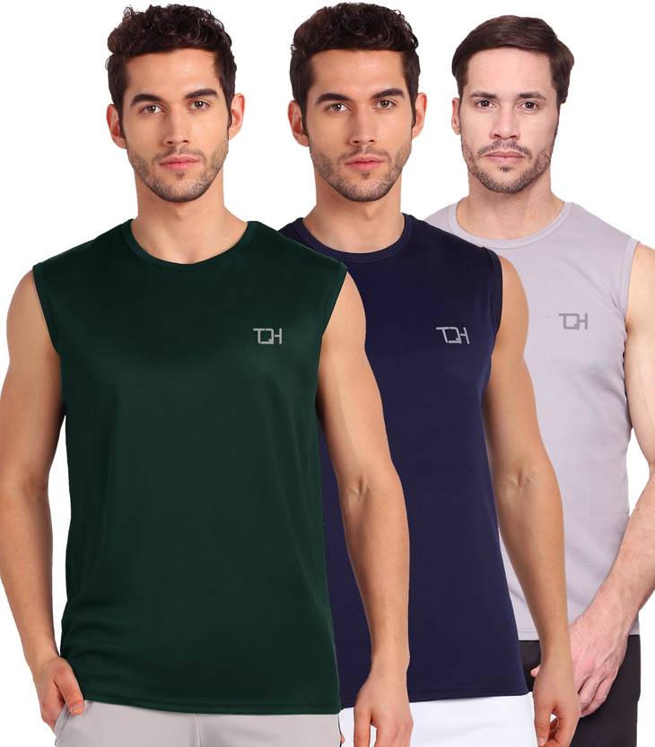 TQH Pack of 3 TQH Solid Men Round Neck Sleeveless Navy Blue, Grey, Green T-Shirt Men Solid Round Neck Polyester Green, Grey, Navy Blue T-Shirt
